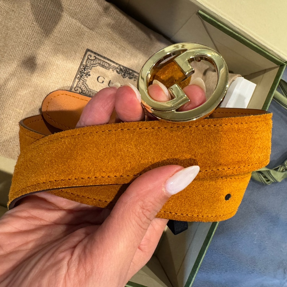 Gucci Tan Suede Belt with Gold Logo Buckle. Gucci belt